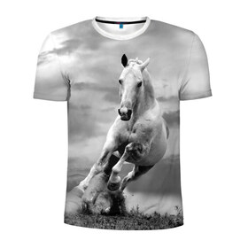 Мужская футболка 3D спортивная с принтом Белая лошадь в Екатеринбурге, 100% полиэстер с улучшенными характеристиками | приталенный силуэт, круглая горловина, широкие плечи, сужается к линии бедра | animal | beautiful | gloss | horse | mane | mustang | muzzle | nature | white | wild | белый | грива | дикий | животное | конь | красивый | лоск | лошадь | мустанг | природа | скакун