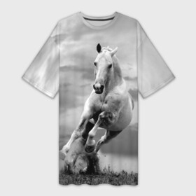 Платье-футболка 3D с принтом Белая лошадь в Екатеринбурге,  |  | animal | beautiful | gloss | horse | mane | mustang | muzzle | nature | white | wild | белый | грива | дикий | животное | конь | красивый | лоск | лошадь | мустанг | природа | скакун