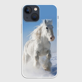 Чехол для iPhone 13 mini с принтом Белый скакун в Екатеринбурге,  |  | animal | beautiful | gloss | horse | mane | mustang | muzzle | nature | snow | white | wild | winter | белый | грива | дикий | животное | зима | конь | красивый | лоск | лошадь | мустанг | природа | скакун | снег