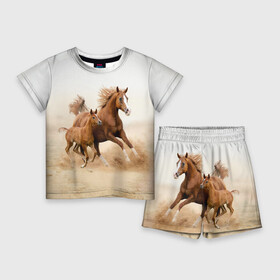 Детский костюм с шортами 3D с принтом Лошадь с жеребенком в Екатеринбурге,  |  | animal | baby | beautiful | brown | desert | foal | horse | mustang | nature | wild | дикий | жеребенок | животное | конь | коричневый | красивый | лошадь | малыш | мустанг | природа | пустыня | скакун