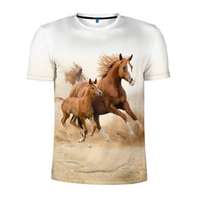 Мужская футболка 3D спортивная с принтом Лошадь с жеребенком в Екатеринбурге, 100% полиэстер с улучшенными характеристиками | приталенный силуэт, круглая горловина, широкие плечи, сужается к линии бедра | animal | baby | beautiful | brown | desert | foal | horse | mustang | nature | wild | дикий | жеребенок | животное | конь | коричневый | красивый | лошадь | малыш | мустанг | природа | пустыня | скакун
