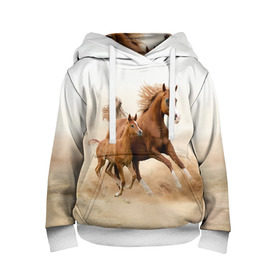 Детская толстовка 3D с принтом Лошадь с жеребенком в Екатеринбурге, 100% полиэстер | двухслойный капюшон со шнурком для регулировки, мягкие манжеты на рукавах и по низу толстовки, спереди карман-кенгуру с мягким внутренним слоем | Тематика изображения на принте: animal | baby | beautiful | brown | desert | foal | horse | mustang | nature | wild | дикий | жеребенок | животное | конь | коричневый | красивый | лошадь | малыш | мустанг | природа | пустыня | скакун