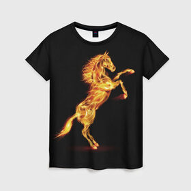 Женская футболка 3D с принтом Огненная лошадь в Екатеринбурге, 100% полиэфир ( синтетическое хлопкоподобное полотно) | прямой крой, круглый вырез горловины, длина до линии бедер | animal | beautiful | black | fiery | fire | hooves | horse | mane | wild | грива | дикий | животное | конь | копыта | красивый | лошадь | огненный | огонь | скакун | черный