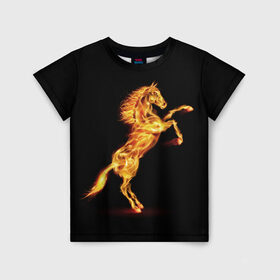 Детская футболка 3D с принтом Огненная лошадь в Екатеринбурге, 100% гипоаллергенный полиэфир | прямой крой, круглый вырез горловины, длина до линии бедер, чуть спущенное плечо, ткань немного тянется | animal | beautiful | black | fiery | fire | hooves | horse | mane | wild | грива | дикий | животное | конь | копыта | красивый | лошадь | огненный | огонь | скакун | черный