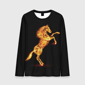Мужской лонгслив 3D с принтом Огненная лошадь в Екатеринбурге, 100% полиэстер | длинные рукава, круглый вырез горловины, полуприлегающий силуэт | animal | beautiful | black | fiery | fire | hooves | horse | mane | wild | грива | дикий | животное | конь | копыта | красивый | лошадь | огненный | огонь | скакун | черный