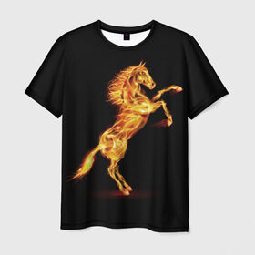 Мужская футболка 3D с принтом Огненная лошадь в Екатеринбурге, 100% полиэфир | прямой крой, круглый вырез горловины, длина до линии бедер | animal | beautiful | black | fiery | fire | hooves | horse | mane | wild | грива | дикий | животное | конь | копыта | красивый | лошадь | огненный | огонь | скакун | черный