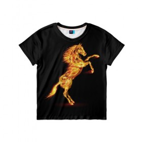 Детская футболка 3D с принтом Огненная лошадь в Екатеринбурге, 100% гипоаллергенный полиэфир | прямой крой, круглый вырез горловины, длина до линии бедер, чуть спущенное плечо, ткань немного тянется | animal | beautiful | black | fiery | fire | hooves | horse | mane | wild | грива | дикий | животное | конь | копыта | красивый | лошадь | огненный | огонь | скакун | черный