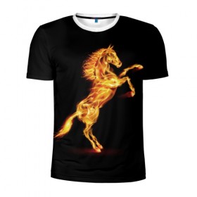 Мужская футболка 3D спортивная с принтом Огненная лошадь в Екатеринбурге, 100% полиэстер с улучшенными характеристиками | приталенный силуэт, круглая горловина, широкие плечи, сужается к линии бедра | Тематика изображения на принте: animal | beautiful | black | fiery | fire | hooves | horse | mane | wild | грива | дикий | животное | конь | копыта | красивый | лошадь | огненный | огонь | скакун | черный