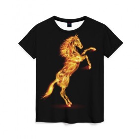 Женская футболка 3D с принтом Огненная лошадь в Екатеринбурге, 100% полиэфир ( синтетическое хлопкоподобное полотно) | прямой крой, круглый вырез горловины, длина до линии бедер | animal | beautiful | black | fiery | fire | hooves | horse | mane | wild | грива | дикий | животное | конь | копыта | красивый | лошадь | огненный | огонь | скакун | черный
