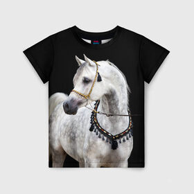 Детская футболка 3D с принтом Серый в яблоках конь в Екатеринбурге, 100% гипоаллергенный полиэфир | прямой крой, круглый вырез горловины, длина до линии бедер, чуть спущенное плечо, ткань немного тянется | animal | beautiful | black | eyes | gloss | gray | harness | horse | in apples | look | muzzle | spotted | white | белый | в яблоках | взгляд | глаза | животное | конь | красивый | лоск | лошадь | пятнистый | сбруя | серый | скакун | черный
