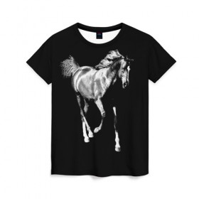 Женская футболка 3D с принтом Конь вороной в Екатеринбурге, 100% полиэфир ( синтетическое хлопкоподобное полотно) | прямой крой, круглый вырез горловины, длина до линии бедер | 
