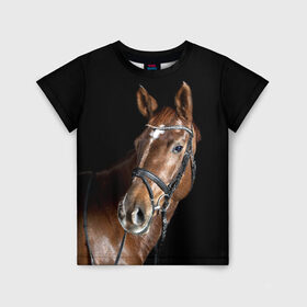 Детская футболка 3D с принтом Гнедая лошадь в Екатеринбурге, 100% гипоаллергенный полиэфир | прямой крой, круглый вырез горловины, длина до линии бедер, чуть спущенное плечо, ткань немного тянется | animal | beautiful | black | brown | eyes | gloss | horse | look | muscles | muzzle | portrait | взгляд | глаза | гнедая | животное | конь | коричневый | красивый | лоск | лошадь | мускулы | портрет | скакун | черный
