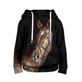 Детская толстовка 3D с принтом Гнедая лошадь в Екатеринбурге, 100% полиэстер | двухслойный капюшон со шнурком для регулировки, мягкие манжеты на рукавах и по низу толстовки, спереди карман-кенгуру с мягким внутренним слоем | Тематика изображения на принте: animal | beautiful | black | brown | eyes | gloss | horse | look | muscles | muzzle | portrait | взгляд | глаза | гнедая | животное | конь | коричневый | красивый | лоск | лошадь | мускулы | портрет | скакун | черный