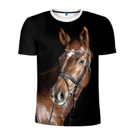 Мужская футболка 3D спортивная с принтом Гнедая лошадь в Екатеринбурге, 100% полиэстер с улучшенными характеристиками | приталенный силуэт, круглая горловина, широкие плечи, сужается к линии бедра | animal | beautiful | black | brown | eyes | gloss | horse | look | muscles | muzzle | portrait | взгляд | глаза | гнедая | животное | конь | коричневый | красивый | лоск | лошадь | мускулы | портрет | скакун | черный