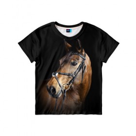 Детская футболка 3D с принтом Гнедая лошадь в Екатеринбурге, 100% гипоаллергенный полиэфир | прямой крой, круглый вырез горловины, длина до линии бедер, чуть спущенное плечо, ткань немного тянется | Тематика изображения на принте: animal | beautiful | black | brown | eyes | gloss | harness | horse | look | muzzle | взгляд | глаза | гнедая | гнедой | животное | конь | коричневый | красивый | лоск | лошадь | сбруя | скакун | черный
