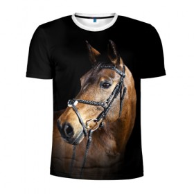 Мужская футболка 3D спортивная с принтом Гнедая лошадь в Екатеринбурге, 100% полиэстер с улучшенными характеристиками | приталенный силуэт, круглая горловина, широкие плечи, сужается к линии бедра | Тематика изображения на принте: animal | beautiful | black | brown | eyes | gloss | harness | horse | look | muzzle | взгляд | глаза | гнедая | гнедой | животное | конь | коричневый | красивый | лоск | лошадь | сбруя | скакун | черный