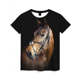 Женская футболка 3D с принтом Гнедая лошадь в Екатеринбурге, 100% полиэфир ( синтетическое хлопкоподобное полотно) | прямой крой, круглый вырез горловины, длина до линии бедер | animal | beautiful | black | brown | eyes | gloss | harness | horse | look | muzzle | взгляд | глаза | гнедая | гнедой | животное | конь | коричневый | красивый | лоск | лошадь | сбруя | скакун | черный