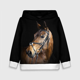 Детская толстовка 3D с принтом Гнедая лошадь в Екатеринбурге, 100% полиэстер | двухслойный капюшон со шнурком для регулировки, мягкие манжеты на рукавах и по низу толстовки, спереди карман-кенгуру с мягким внутренним слоем | Тематика изображения на принте: animal | beautiful | black | brown | eyes | gloss | harness | horse | look | muzzle | взгляд | глаза | гнедая | гнедой | животное | конь | коричневый | красивый | лоск | лошадь | сбруя | скакун | черный