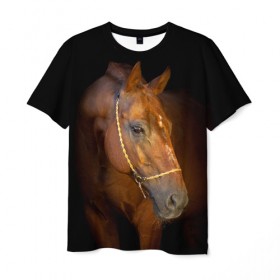 Мужская футболка 3D с принтом Гнедая лошадь в Екатеринбурге, 100% полиэфир | прямой крой, круглый вырез горловины, длина до линии бедер | Тематика изображения на принте: animal | beautiful | black | brown | eyes | gloss | harness | horse | look | muzzle | взгляд | глаза | гнедой | животное | конь | коричневый | красивый | лоск | лошадь | сбруя | скакун | черный