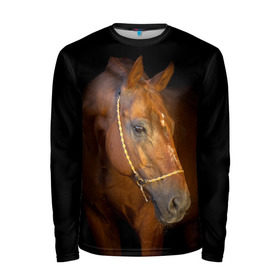 Мужской лонгслив 3D с принтом Гнедая лошадь в Екатеринбурге, 100% полиэстер | длинные рукава, круглый вырез горловины, полуприлегающий силуэт | animal | beautiful | black | brown | eyes | gloss | harness | horse | look | muzzle | взгляд | глаза | гнедой | животное | конь | коричневый | красивый | лоск | лошадь | сбруя | скакун | черный