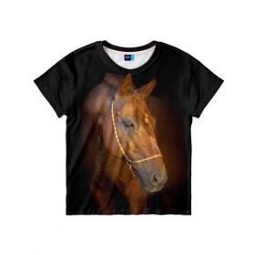 Детская футболка 3D с принтом Гнедая лошадь в Екатеринбурге, 100% гипоаллергенный полиэфир | прямой крой, круглый вырез горловины, длина до линии бедер, чуть спущенное плечо, ткань немного тянется | Тематика изображения на принте: animal | beautiful | black | brown | eyes | gloss | harness | horse | look | muzzle | взгляд | глаза | гнедой | животное | конь | коричневый | красивый | лоск | лошадь | сбруя | скакун | черный