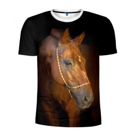 Мужская футболка 3D спортивная с принтом Гнедая лошадь в Екатеринбурге, 100% полиэстер с улучшенными характеристиками | приталенный силуэт, круглая горловина, широкие плечи, сужается к линии бедра | Тематика изображения на принте: animal | beautiful | black | brown | eyes | gloss | harness | horse | look | muzzle | взгляд | глаза | гнедой | животное | конь | коричневый | красивый | лоск | лошадь | сбруя | скакун | черный