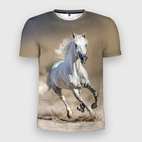 Мужская футболка 3D спортивная с принтом Белый конь в Екатеринбурге, 100% полиэстер с улучшенными характеристиками | приталенный силуэт, круглая горловина, широкие плечи, сужается к линии бедра | animal | beautiful | desert | gloss | horse | mane | mustang | muzzle | nature | sand | white | wild | белый | грива | дикий | животное | конь | красивый | лоск | лошадь | мустанг | песок | природа | пустыня | скакун