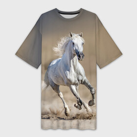 Платье-футболка 3D с принтом Белый конь в Екатеринбурге,  |  | animal | beautiful | desert | gloss | horse | mane | mustang | muzzle | nature | sand | white | wild | белый | грива | дикий | животное | конь | красивый | лоск | лошадь | мустанг | песок | природа | пустыня | скакун