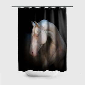 Штора 3D для ванной с принтом Белая лошадь в Екатеринбурге, 100% полиэстер | плотность материала — 100 г/м2. Стандартный размер — 146 см х 180 см. По верхнему краю — пластиковые люверсы для креплений. В комплекте 10 пластиковых колец | Тематика изображения на принте: animal | black | breed | horse | muscle | muzzle | strength | unusual | white | белый | животное | конь | лошадь | мышцы | необычный | порода | сила | скакун