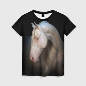 Женская футболка 3D с принтом Белая лошадь в Екатеринбурге, 100% полиэфир ( синтетическое хлопкоподобное полотно) | прямой крой, круглый вырез горловины, длина до линии бедер | animal | black | breed | horse | muscle | muzzle | strength | unusual | white | белый | животное | конь | лошадь | мышцы | необычный | порода | сила | скакун