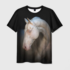 Мужская футболка 3D с принтом Белая лошадь в Екатеринбурге, 100% полиэфир | прямой крой, круглый вырез горловины, длина до линии бедер | animal | black | breed | horse | muscle | muzzle | strength | unusual | white | белый | животное | конь | лошадь | мышцы | необычный | порода | сила | скакун