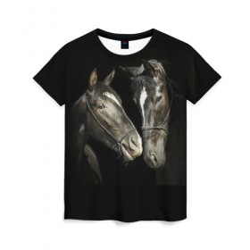 Женская футболка 3D с принтом Лошади в Екатеринбурге, 100% полиэфир ( синтетическое хлопкоподобное полотно) | прямой крой, круглый вырез горловины, длина до линии бедер | animal | beautiful | black | couple | eyes | gloss | harness | horse | look | muzzle | взгляд | глаза | животное | конь | красивый | лоск | лошади | пара | сбруя | скакуны | черные
