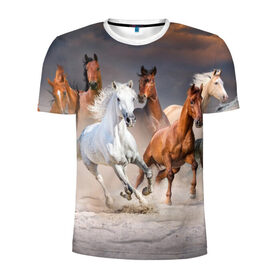 Мужская футболка 3D спортивная с принтом Табун в Екатеринбурге, 100% полиэстер с улучшенными характеристиками | приталенный силуэт, круглая горловина, широкие плечи, сужается к линии бедра | animal | beautiful | black | brown | desert | gloss | herd | horse | mane | mustang | muzzle | nature | sand | white | wild | белый | грива | дикий | животное | конь | коричневый | красивый | лоск | лошадь | мустанг | песок | природа | пусты
