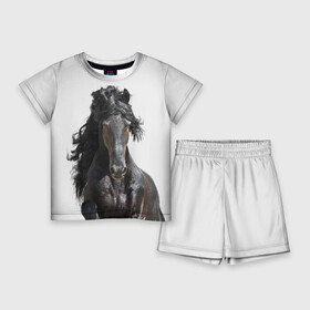 Детский костюм с шортами 3D с принтом Лошадь в Екатеринбурге,  |  | Тематика изображения на принте: animal | beautiful | black | horse | mane | mustang | muzzle | wild | грива | дикий | животное | конь | красивый | лошадь | мустанг | скакун | черный