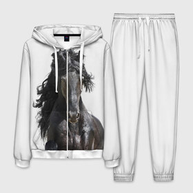 Мужской костюм 3D с принтом Лошадь в Екатеринбурге, 100% полиэстер | Манжеты и пояс оформлены тканевой резинкой, двухслойный капюшон со шнурком для регулировки, карманы спереди | animal | beautiful | black | horse | mane | mustang | muzzle | wild | грива | дикий | животное | конь | красивый | лошадь | мустанг | скакун | черный