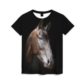 Женская футболка 3D с принтом Лошадь в Екатеринбурге, 100% полиэфир ( синтетическое хлопкоподобное полотно) | прямой крой, круглый вырез горловины, длина до линии бедер | animal | beautiful | black | brown | horse | muzzle | portrait | животное | конь | коричневый | красивый | лошадь | портрет | скакун | черный