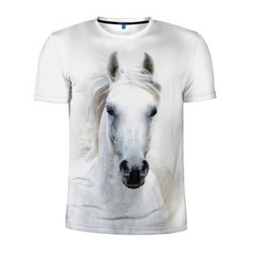 Мужская футболка 3D спортивная с принтом Белая лошадь в Екатеринбурге, 100% полиэстер с улучшенными характеристиками | приталенный силуэт, круглая горловина, широкие плечи, сужается к линии бедра | animal | beautiful | gloss | horse | mane | mustang | muzzle | white | wild | белый | грива | дикий | животное | конь | красивый | лоск | лошадь | мустанг | скакун