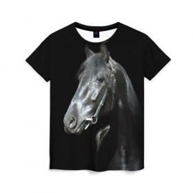 Женская футболка 3D с принтом Конь вороной в Екатеринбурге, 100% полиэфир ( синтетическое хлопкоподобное полотно) | прямой крой, круглый вырез горловины, длина до линии бедер | 