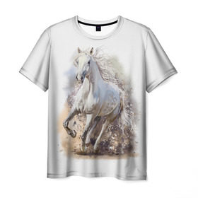 Мужская футболка 3D с принтом Белая лошадь в Екатеринбурге, 100% полиэфир | прямой крой, круглый вырез горловины, длина до линии бедер | animal | beautiful | drawing | horse | mane | muzzle | nature | white | wild | белый | грива | дикий | животное | конь | красивый | лошадь | природа | рисунок | скакун
