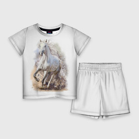 Детский костюм с шортами 3D с принтом Белая лошадь в Екатеринбурге,  |  | animal | beautiful | drawing | horse | mane | muzzle | nature | white | wild | белый | грива | дикий | животное | конь | красивый | лошадь | природа | рисунок | скакун