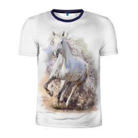 Мужская футболка 3D спортивная с принтом Белая лошадь в Екатеринбурге, 100% полиэстер с улучшенными характеристиками | приталенный силуэт, круглая горловина, широкие плечи, сужается к линии бедра | animal | beautiful | drawing | horse | mane | muzzle | nature | white | wild | белый | грива | дикий | животное | конь | красивый | лошадь | природа | рисунок | скакун