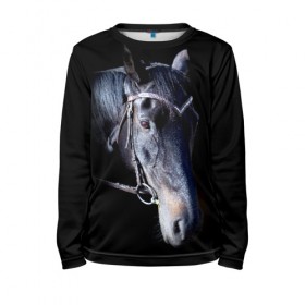 Детский лонгслив 3D с принтом Конь вороной в Екатеринбурге, 100% полиэстер | длинные рукава, круглый вырез горловины, полуприлегающий силуэт
 | animal | beautiful | black | eyes | gloss | hairstyle | harness | horse | look | muzzle | взгляд | вороной | глаза | животное | конь | красивый | лоск | лошадь | прическа | сбруя | скакун | черный