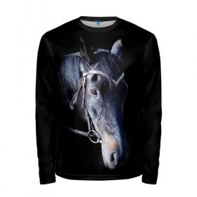 Мужской лонгслив 3D с принтом Конь вороной в Екатеринбурге, 100% полиэстер | длинные рукава, круглый вырез горловины, полуприлегающий силуэт | animal | beautiful | black | eyes | gloss | hairstyle | harness | horse | look | muzzle | взгляд | вороной | глаза | животное | конь | красивый | лоск | лошадь | прическа | сбруя | скакун | черный