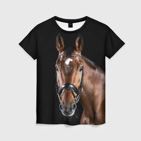 Женская футболка 3D с принтом Гнедая лошадь в Екатеринбурге, 100% полиэфир ( синтетическое хлопкоподобное полотно) | прямой крой, круглый вырез горловины, длина до линии бедер | animal | beautiful | black | brown | eyes | gloss | harness | horse | look | muzzle | взгляд | глаза | гнедая | животное | конь | коричневый | красивый | лоск | лошадь | сбруя | скакун | черный