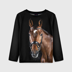 Детский лонгслив 3D с принтом Гнедая лошадь в Екатеринбурге, 100% полиэстер | длинные рукава, круглый вырез горловины, полуприлегающий силуэт
 | animal | beautiful | black | brown | eyes | gloss | harness | horse | look | muzzle | взгляд | глаза | гнедая | животное | конь | коричневый | красивый | лоск | лошадь | сбруя | скакун | черный