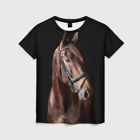 Женская футболка 3D с принтом Гнедая лошадь в Екатеринбурге, 100% полиэфир ( синтетическое хлопкоподобное полотно) | прямой крой, круглый вырез горловины, длина до линии бедер | Тематика изображения на принте: animal | beautiful | black | brown | eyes | gloss | harness | horse | look | muzzle | взгляд | глаза | гнедая | животное | конь | коричневый | красивый | лоск | лошадь | сбруя | скакун | черный