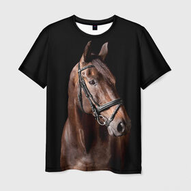 Мужская футболка 3D с принтом Гнедая лошадь в Екатеринбурге, 100% полиэфир | прямой крой, круглый вырез горловины, длина до линии бедер | Тематика изображения на принте: animal | beautiful | black | brown | eyes | gloss | harness | horse | look | muzzle | взгляд | глаза | гнедая | животное | конь | коричневый | красивый | лоск | лошадь | сбруя | скакун | черный