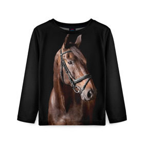 Детский лонгслив 3D с принтом Гнедая лошадь в Екатеринбурге, 100% полиэстер | длинные рукава, круглый вырез горловины, полуприлегающий силуэт
 | animal | beautiful | black | brown | eyes | gloss | harness | horse | look | muzzle | взгляд | глаза | гнедая | животное | конь | коричневый | красивый | лоск | лошадь | сбруя | скакун | черный