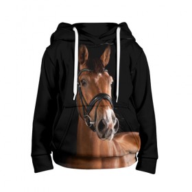 Детская толстовка 3D с принтом Гнедая лошадь в Екатеринбурге, 100% полиэстер | двухслойный капюшон со шнурком для регулировки, мягкие манжеты на рукавах и по низу толстовки, спереди карман-кенгуру с мягким внутренним слоем | Тематика изображения на принте: animal | beautiful | black | brown | eyes | gloss | harness | horse | look | muzzle | взгляд | глаза | гнедая | животное | конь | коричневый | красивый | лоск | лошадь | сбруя | скакун | черный