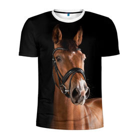 Мужская футболка 3D спортивная с принтом Гнедая лошадь в Екатеринбурге, 100% полиэстер с улучшенными характеристиками | приталенный силуэт, круглая горловина, широкие плечи, сужается к линии бедра | Тематика изображения на принте: animal | beautiful | black | brown | eyes | gloss | harness | horse | look | muzzle | взгляд | глаза | гнедая | животное | конь | коричневый | красивый | лоск | лошадь | сбруя | скакун | черный